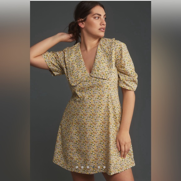 NEW Anthropologie Short-Sleeve Collared Printed Mini Dress, Yellow, Size 8 - Picture 4 of 9
